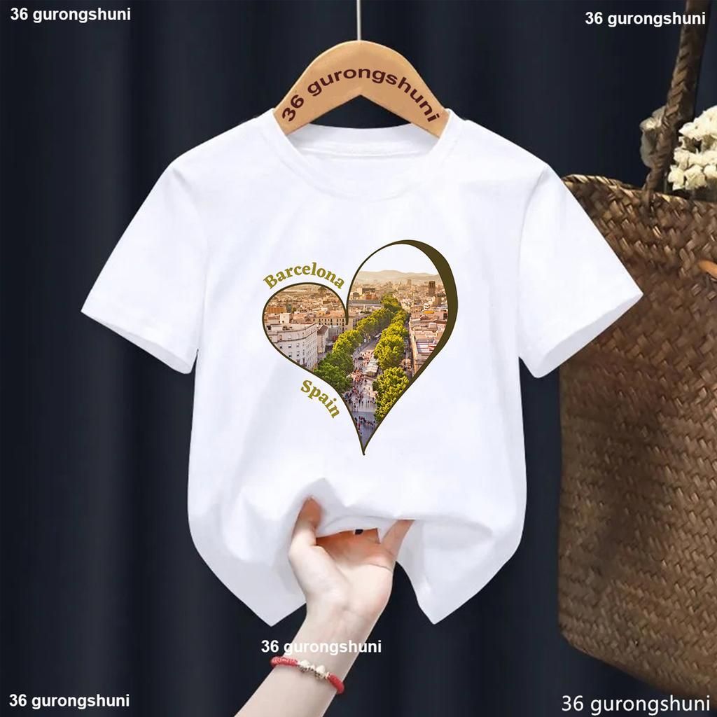 T-Shirt For Boys/Girls Heart-Shaped Graphics Barcelona Spain Printed T Shirt Kids Fashion Toddler Tshirt Cute Boys/Girls Tshirt