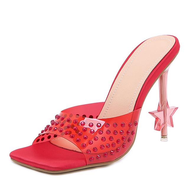 

Liyke странный стиль, прозрачные женские тапочки из плексигласа на каблуке, зеленые кристаллы и стразы, модные сандалии с квадратным носком, прозрачная обувь 39 красный