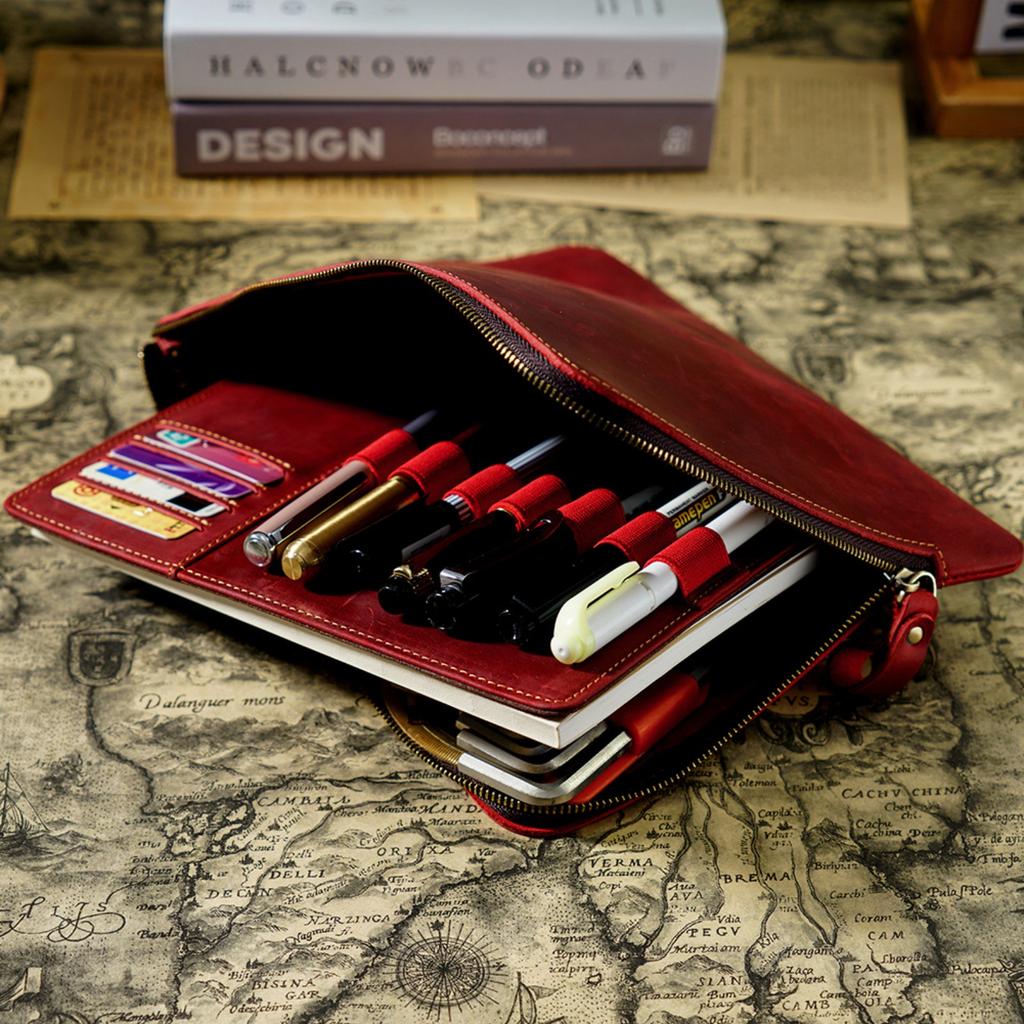 Genuine Leather Zipper Pen Bag A5 Portfolio Large-Capacity With Pen Pouch And Card Holder Retro Stationery Bag For School And Office