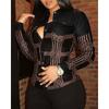 Women's Slim Fit Long Sleeve Button Down Shirt Collar PU Patch Houndstooth Print Blouse