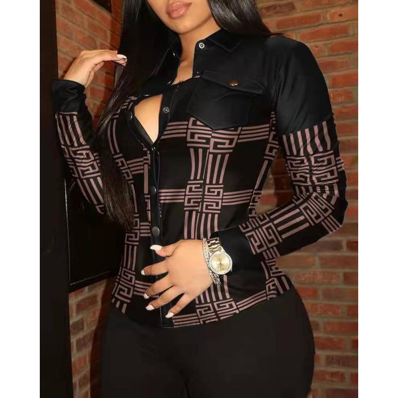 Women's Slim Fit Long Sleeve Button Down Shirt Collar PU Patch Houndstooth Print Blouse