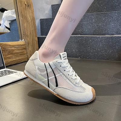 Mode Damen Schuhe 2025 Frühling Herbst Neu Vintage Atmungsaktives Mesh Rutschfeste Damen Sneaker Bequeme Schnürung Flache Sohle Freizeitschuhe