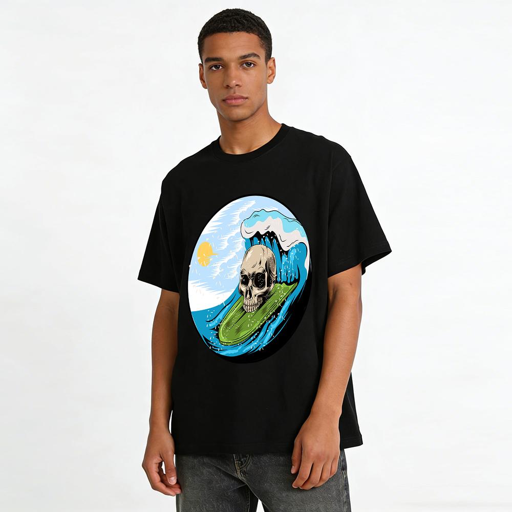Vintage Skull Surf Print Tee Street Style Summer Trendy Top Pure Cotton T-shirt