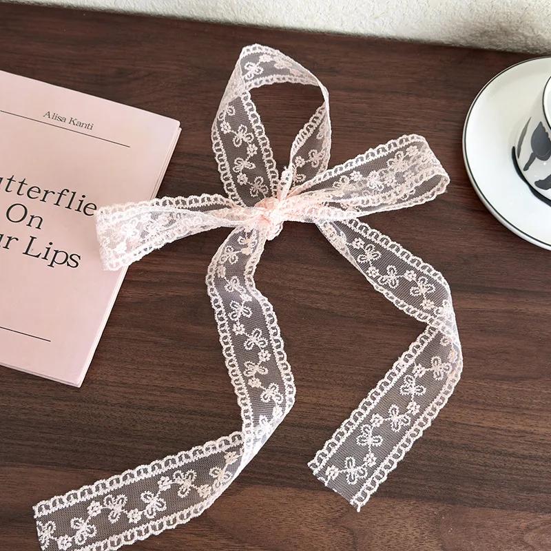 Różowe Koronkowe Kwiaty Długi Pasek Jedwabna Chustka Opaski Kokarda Gumka do Włosów Damska Dziewczęca Słodka Wiązana Turban Wstążka Nakrycie Głowy Moda