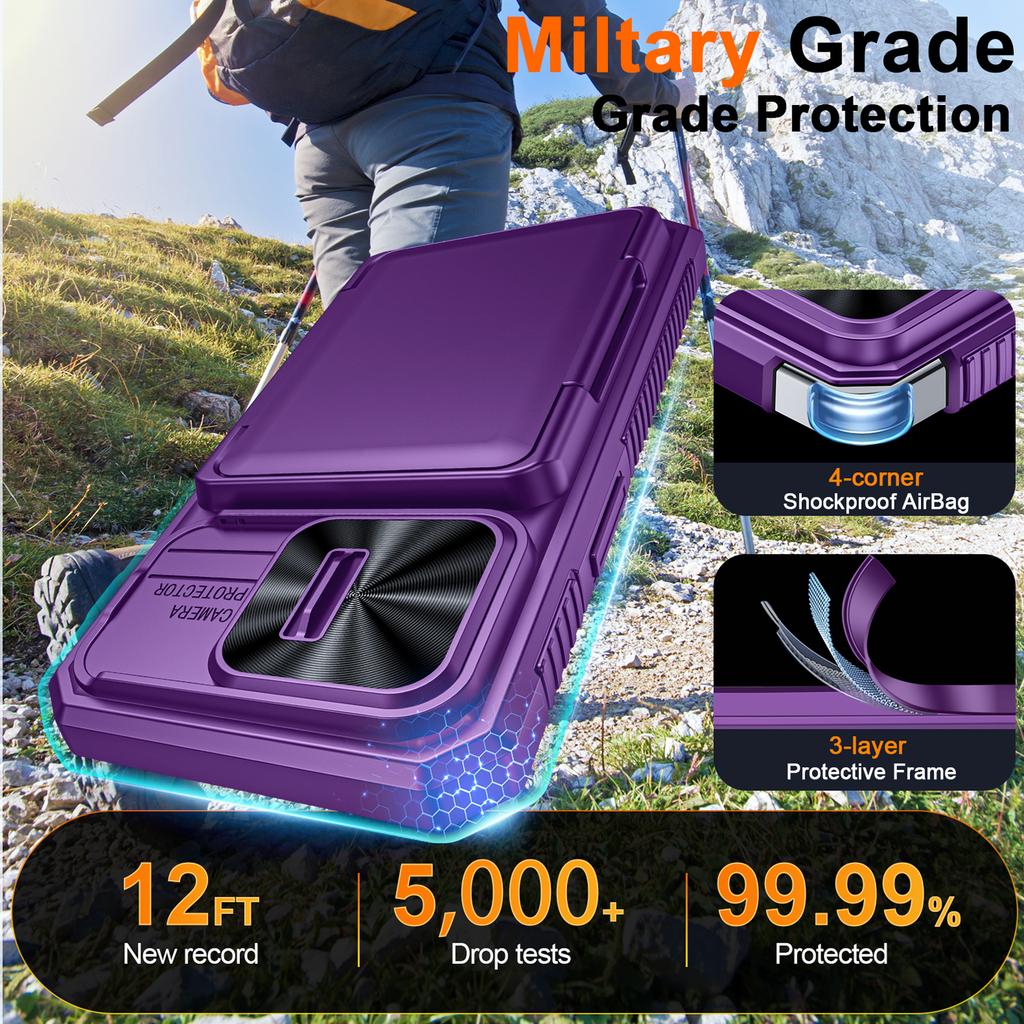 With Card Holder Sliding Camera Cover And Stand For iPhone 16E / iPhone 17E Phone Case, Anti-Fall PC+TPU Wallet Case-Purple