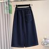 DIMANAF 2026 Summer Plus Size Women Skirts Elastic Waist Oversize Casual Lady Long Skirts Denim Cotton Solid Blue