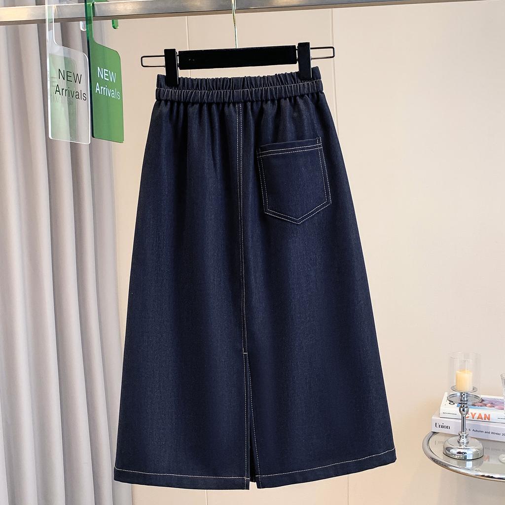 DIMANAF 2026 Summer Plus Size Women Skirts Elastic Waist Oversize Casual Lady Long Skirts Denim Cotton Solid Blue