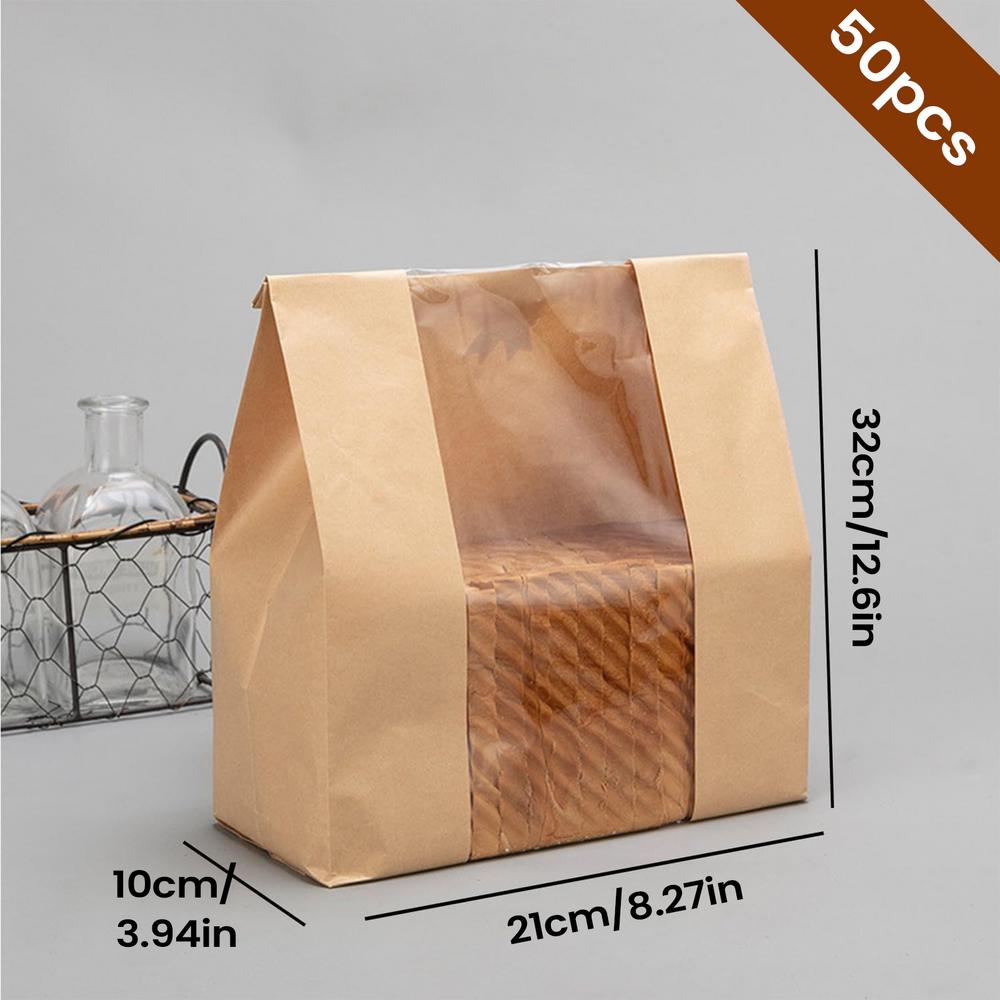 50pcs Kraft Paper Bag Toast Bag Packaging Bag Self Sealing Bread Bag Baked Food Wrapping Pouches Biscuits Cake Bag Free Sticker