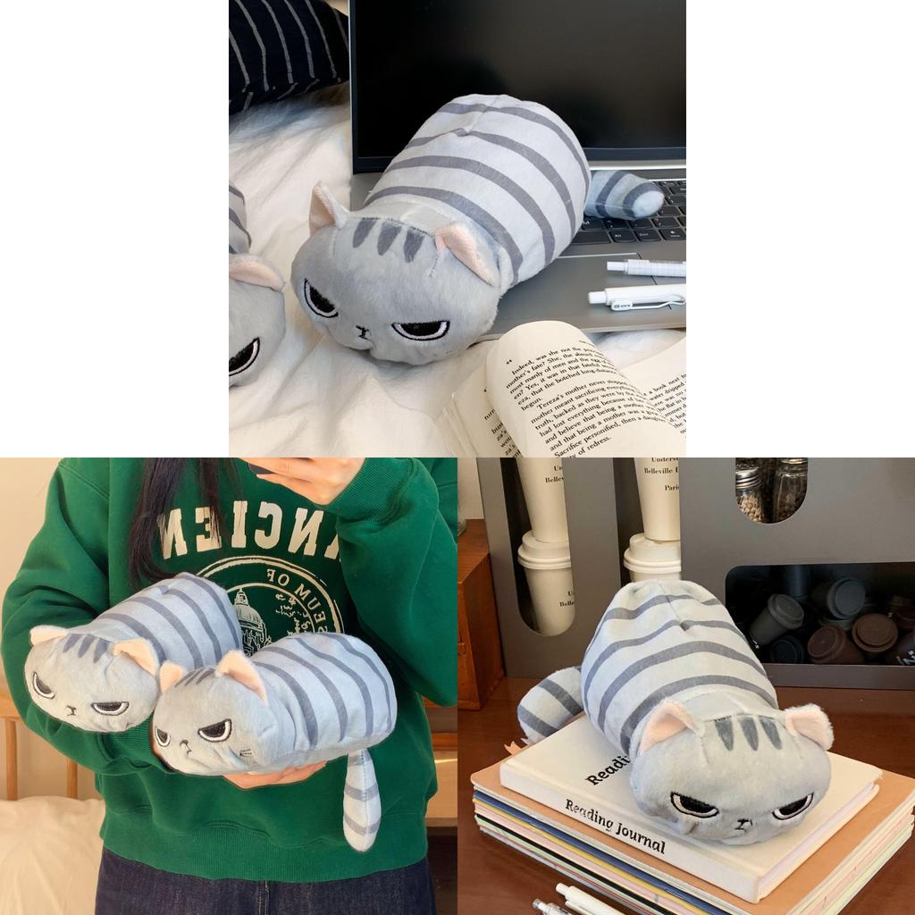 Gray Cat Plush Pen Bag With Stripes For School And College Supplies