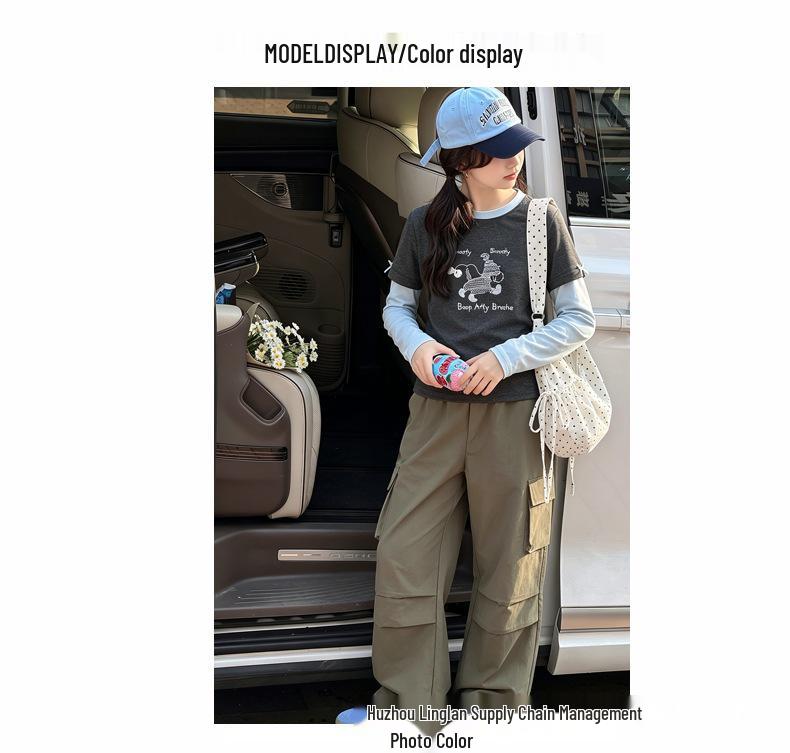 2026 New Girls' Spring/Fall Faux Two-Piece Hoodie & Cargo Pants Set - Trendy Big Kids' Wear