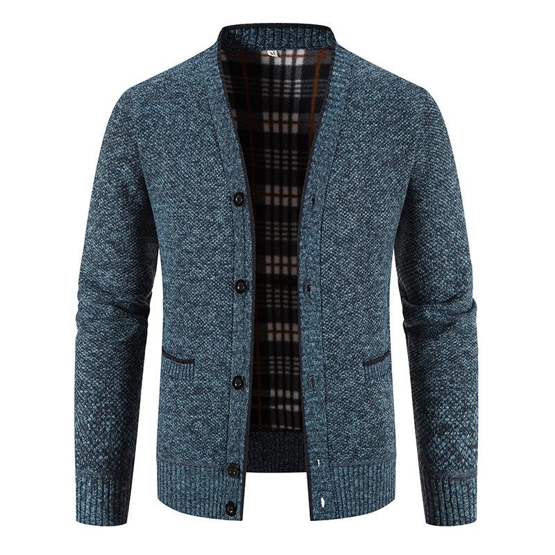 Men's Light Gray V-Neck Button Cardigan Sweater with Chest Pockets and Plaid Lining