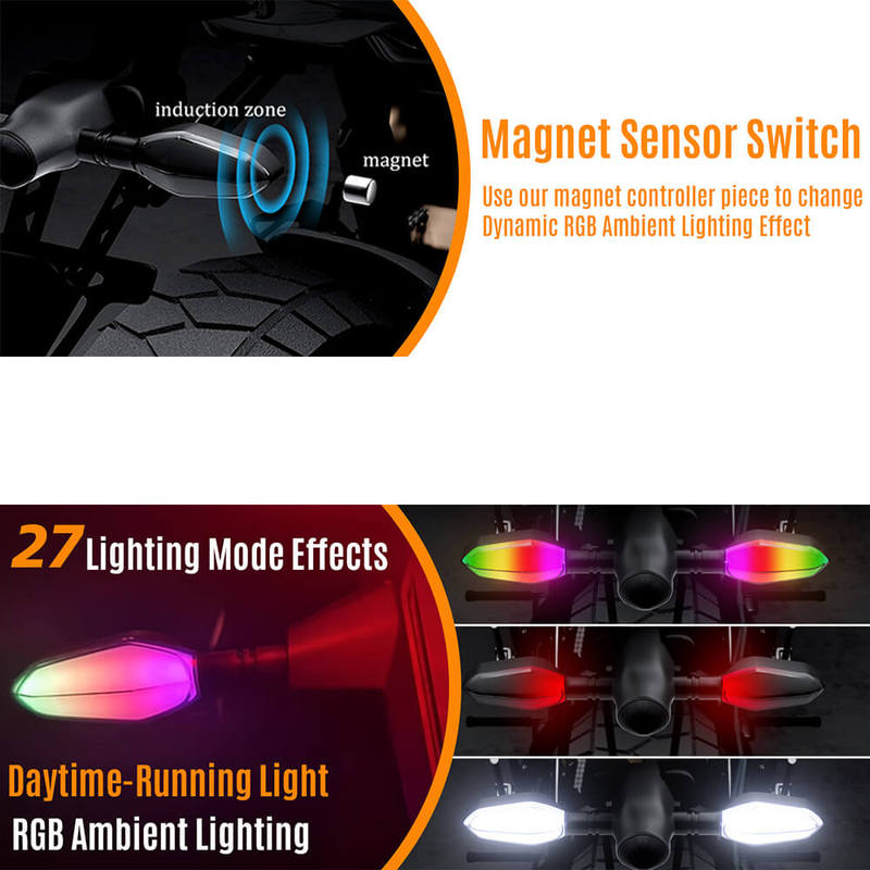 Universal Motorcycle LED Turn Signal Light ground Projector Flasher Lamp 27 Lighting Modes RGB Flowing Daytime Running Lights