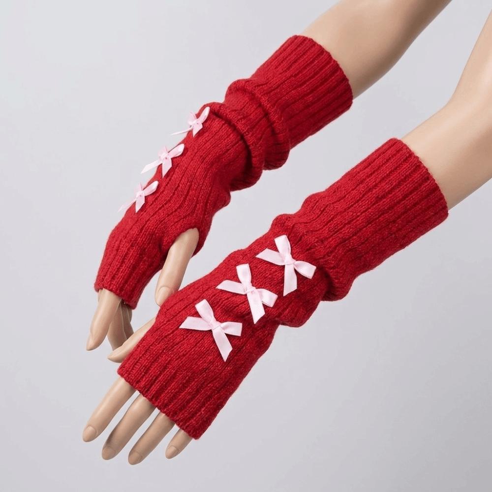Stacked Bow Knitted Arm Warmers Long Sleeve Covers Millennium Style Y2K Fingerless Gloves Autumn