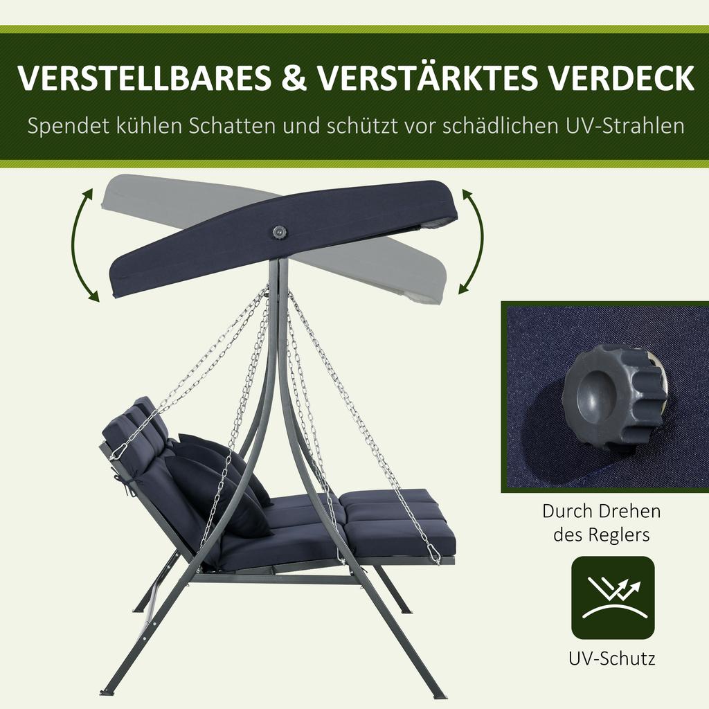 Altalena da Giardino Hollywood Swing, 3 Persone, Tettoia Parasole Regolabile, 198 x 118 x 168 cm, Blu Scuro