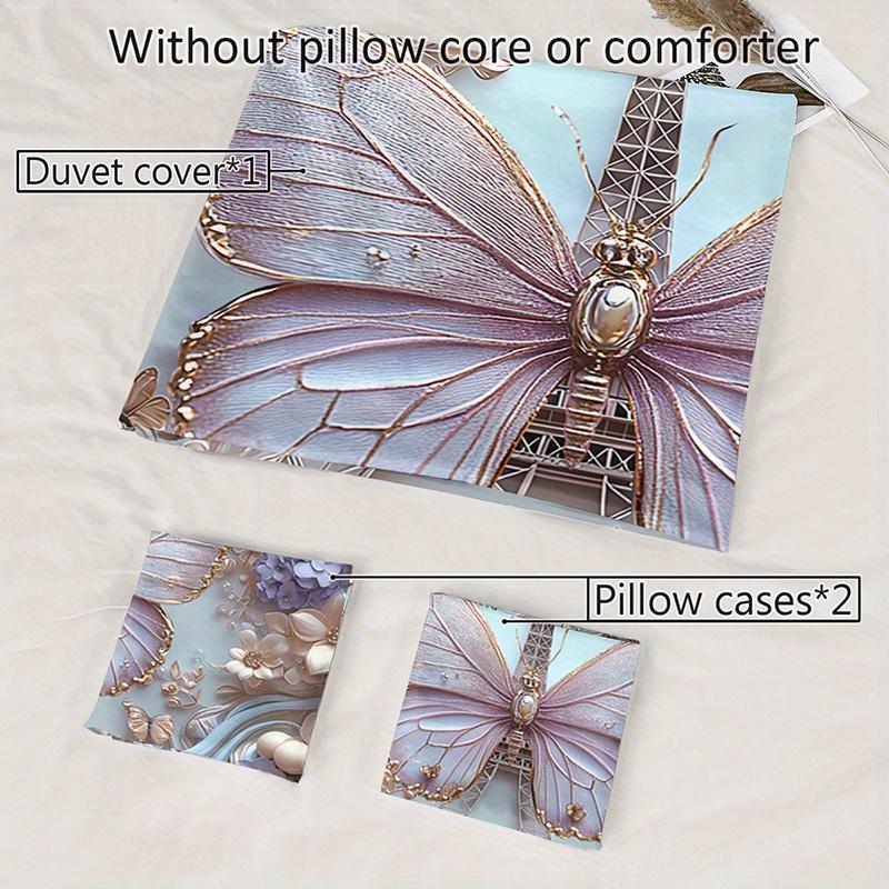 3Pcs Parisian Eiffel Tower Butterfly Floral Bedding Duvet Cover Set Elegant Butterfly Eiffel Tower Bedding Quilt Set Luxury