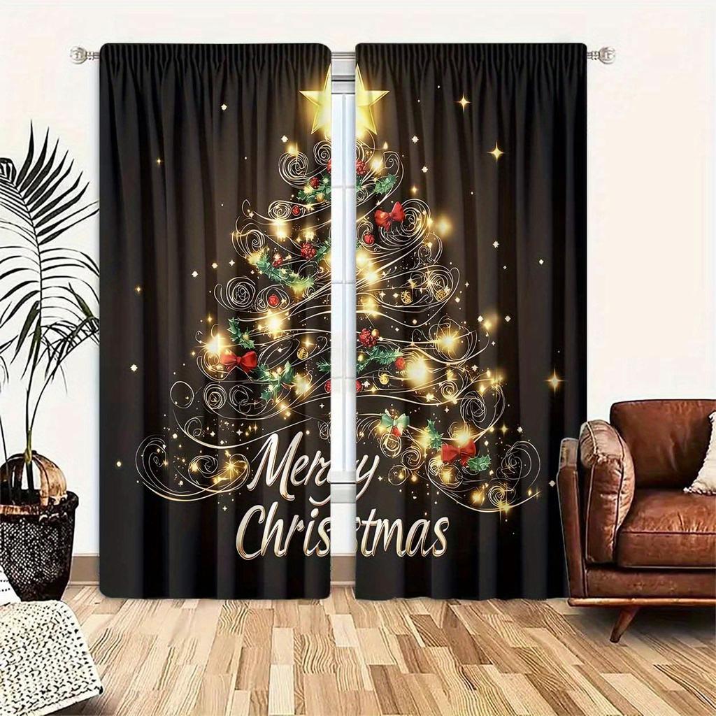 Christmas Tree Blackout Curtains 2pcs   Merry Print Light Filtering Rod Pocket Fade Resistant Machine Washable for Home Decor