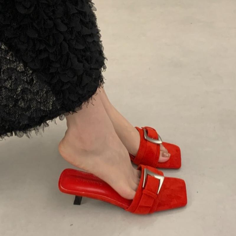 Summer Fashion Square Toe Slippers Women Buckle Strap Low Heels Beach Sandals Slide Party Shoes  Zapatos De Mujer
