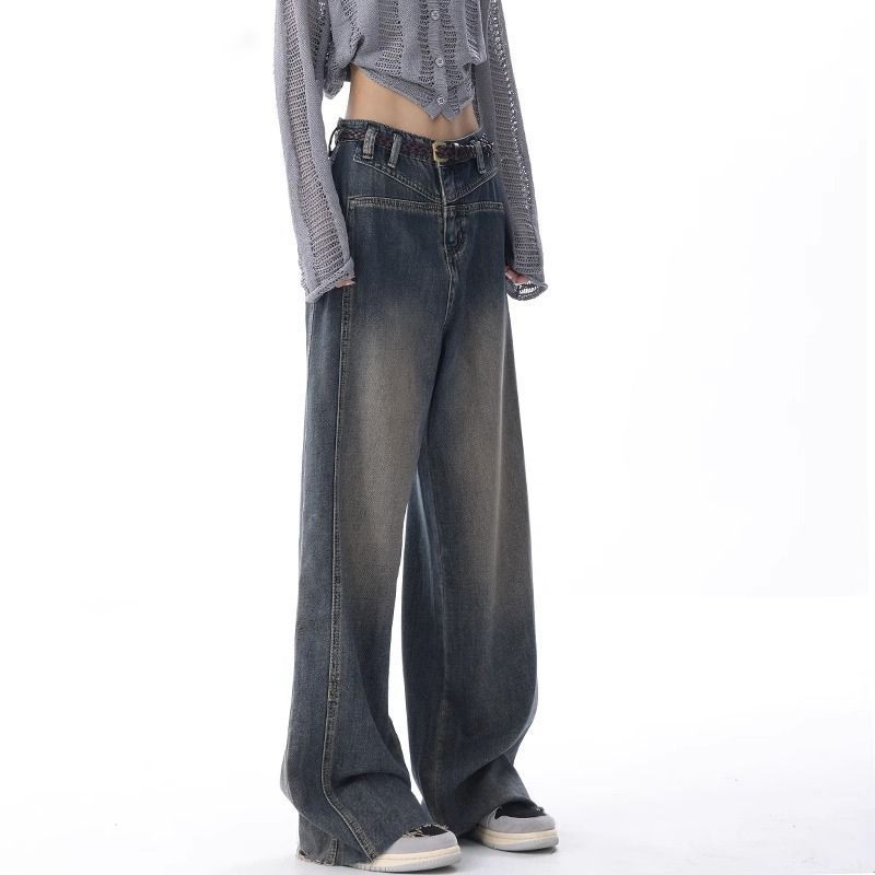 Vintage Blue Jeans Women's New Wash Nostalgic Raw Edge Design Drape Wide-leg Trousers Pants