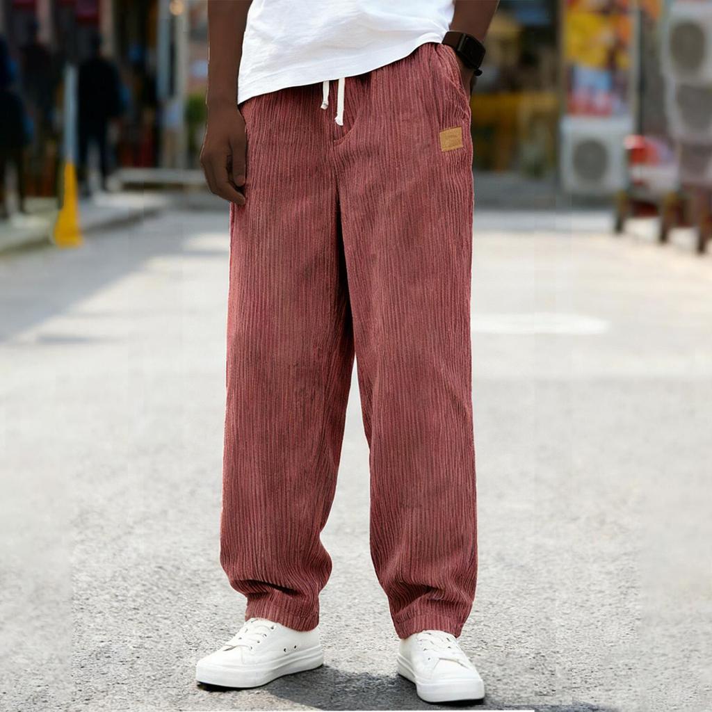 Men Loose Fit Drawstring Waist Corduroy Trousers Casual Straight Leg Pants with Pockets for Everyday Wear
