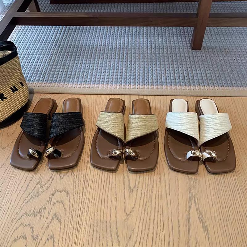 Sheepskin version~ Leather shoes thick heel holiday style straw woven toe slippers women summer wear new French cool slippers