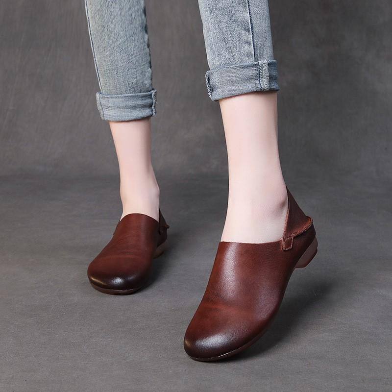 Johnature Genuine Leather Loafers Round Toe Soft Soled Versatile Soft Cowhide Women's Low Heeled Leisure Shoes