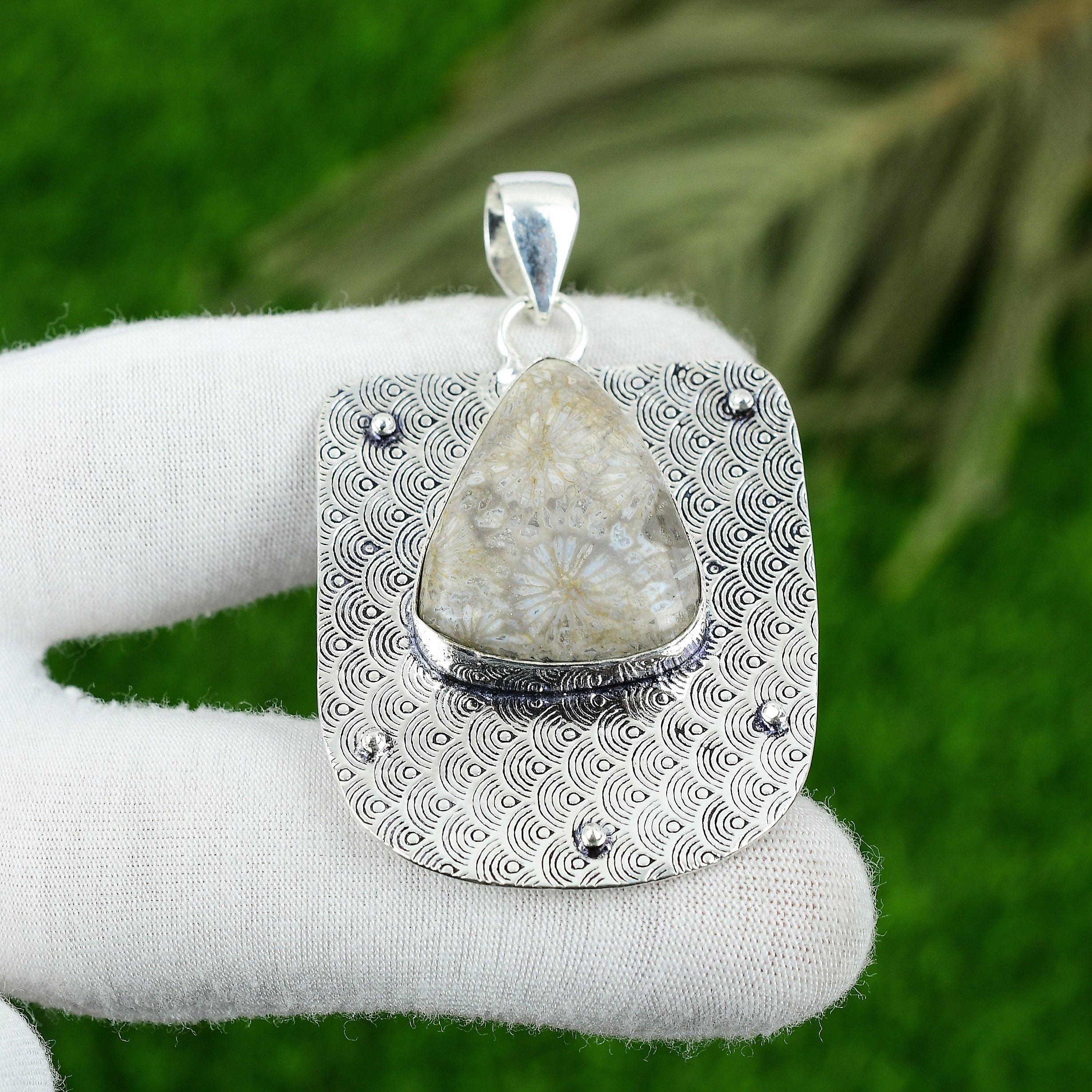 

Fossil Coral Gemstone Anniversary Daughter Pendant Jewelry 925 Sterling Silver