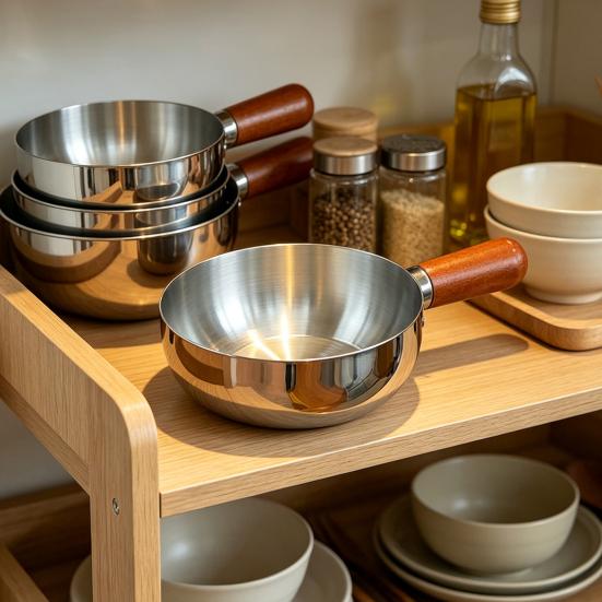 Small Pot for Food Supplement Instant Noodle with Lid And Wooden Handle, Stainless Steel Non-Stick Coated Kitchen Cooking Boiling Noodles Pot,