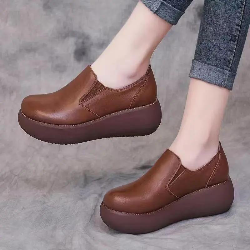 Soft Leather Wedge Heel Round Toe Deep Mouth Single Shoes Women's Four Seasons Waterproof Platform Non-slip Wear-resistant Work Women's Shoes