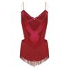 Womens Dance Leotard Ruched Mesh Drapes Glittery Rhinestones Adjustable Straps Cutout Fringe Bodysuit Performance Wear