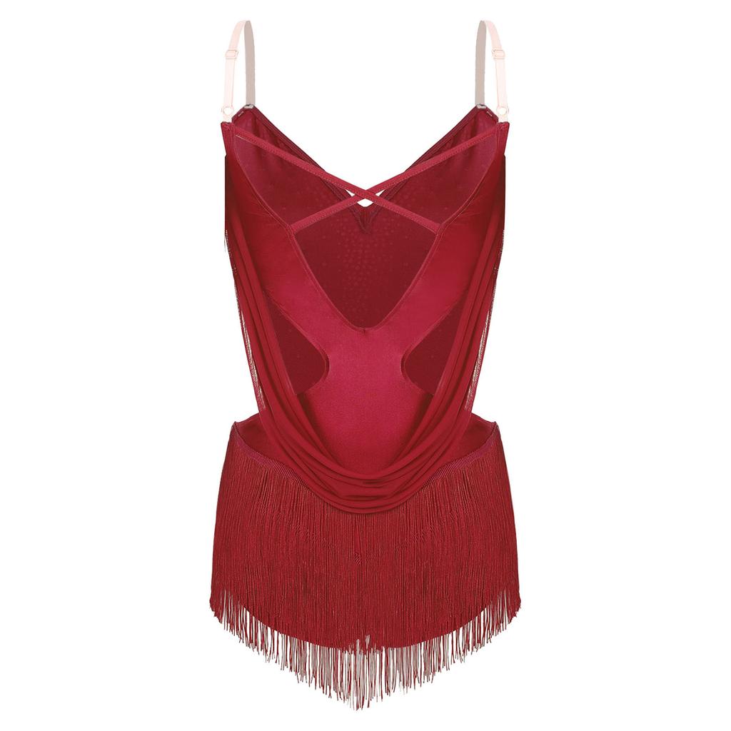 Womens Dance Leotard Ruched Mesh Drapes Glittery Rhinestones Adjustable Straps Cutout Fringe Bodysuit Performance Wear