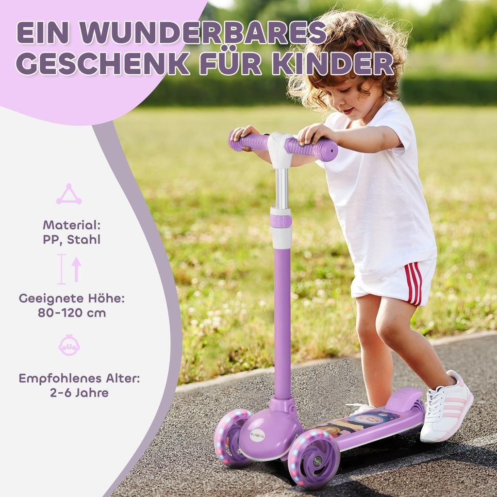 Kinder 3-Rad-Roller für 2-6 Jahre mit verstellbarer Höhe, LED-Licht, TPE-Lenker, Lila