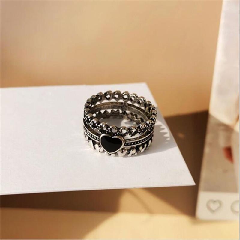 Picche Danneggiate Cuore Nero a Forma di Cuore Anelli Apribili Retro Combinazione a Tre Strati Gioielli in Argento Sterling 925 Amore Dolce TYB032