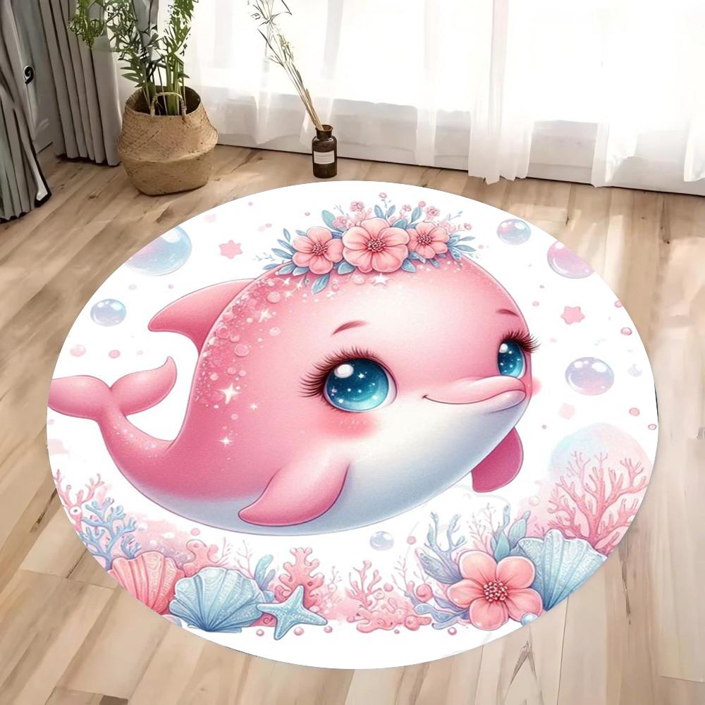 Cartoon Cute Dolphin Printed Round Carpet  Very Suitable for Children's Play Areas Bedrooms Living Rooms Anti Slip Carpets
