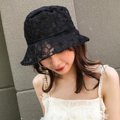Chapeau de pêcheur pliable pour femme, couleur unie, avec motif floral en dentelle, anti-UV, bob