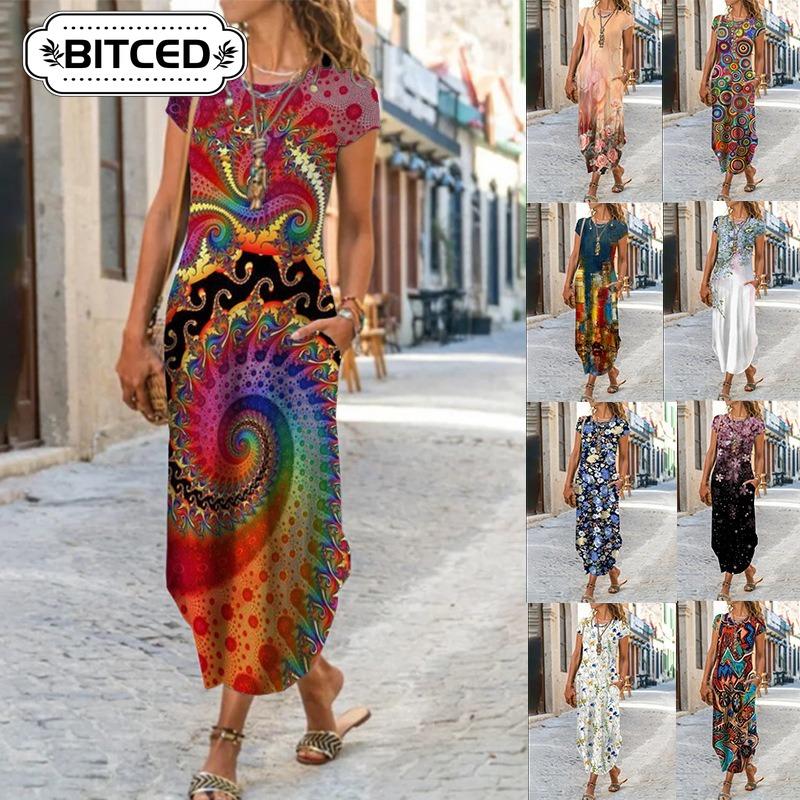 BITCED Vestidos Casuais de Manga Curta com Gola Redonda para Verão e Primavera