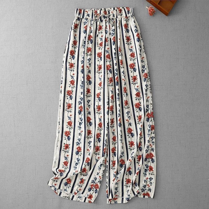 2025 summer new retro red floral wide-leg casual pants women's loose and thin vertical straight light and long pants