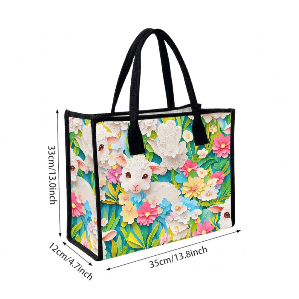 Cute Lamb Floral Tote Bag for Daily Use Lightweight Stylish Shopping Handbag