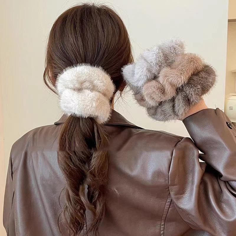1pc Large Colic Hairband Retro Imitation Mink Plush Rope High-end Rubber Band Female Tie Hair Rope Headwear