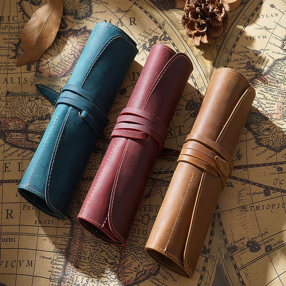 Vintage Genuine First Layer Cowhide Buckle Closure Minimalist Literary Pencil Bag Multifunctional Roll Leather Pen Pouch for