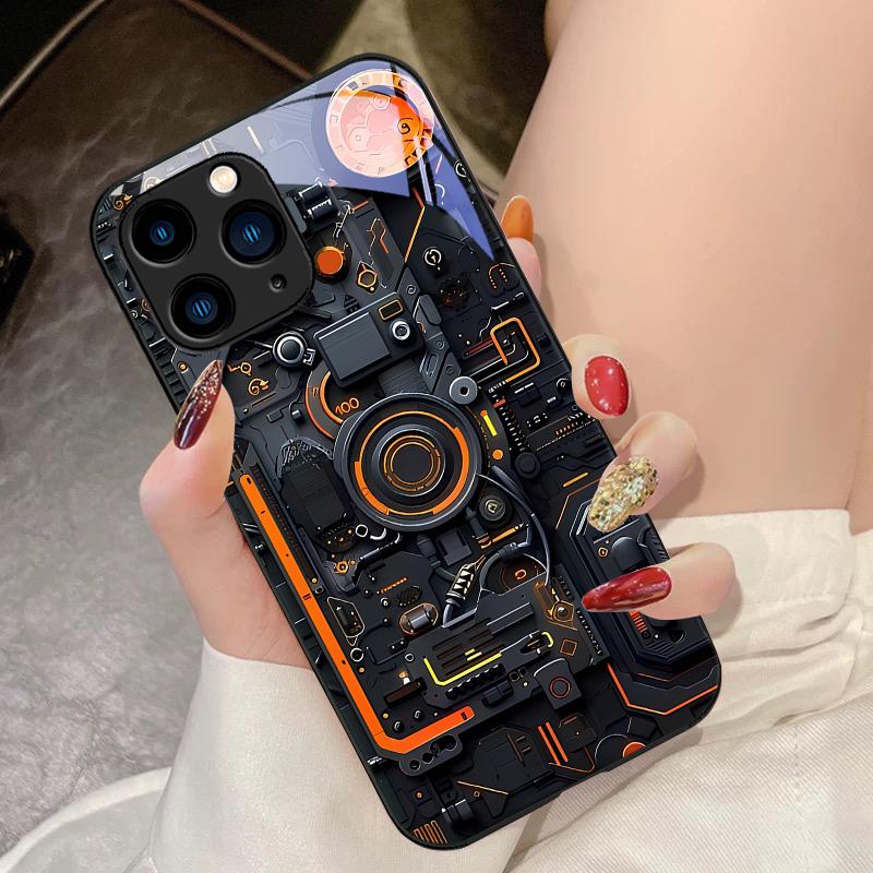 Mechanical device black For IPhone 16 Pro Max 15 Pro 14 13 12 Mini 11 XS Max XR 7 8 Plu SE 2022 Tempered Glass Phone Case