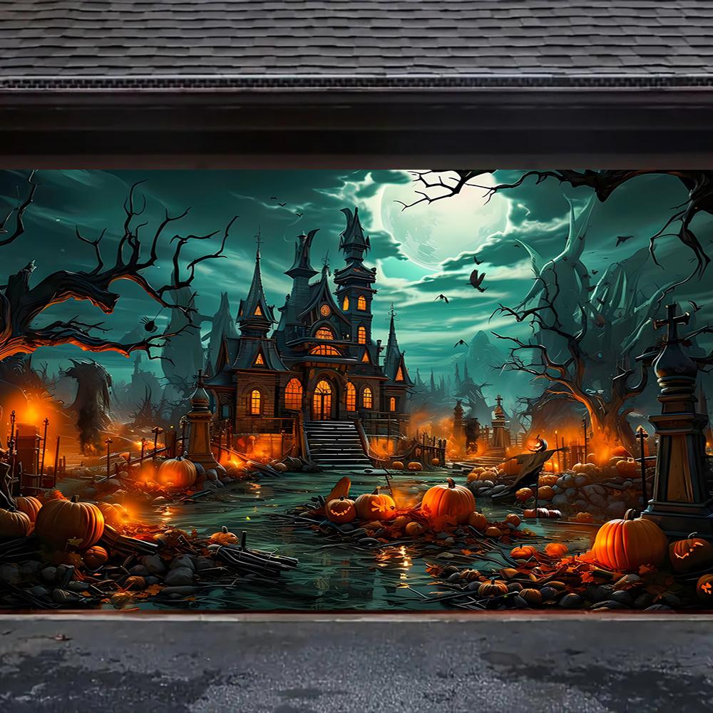Modern-style Halloween garage door banner - creepy castle and pumpkin prints, durable polyester