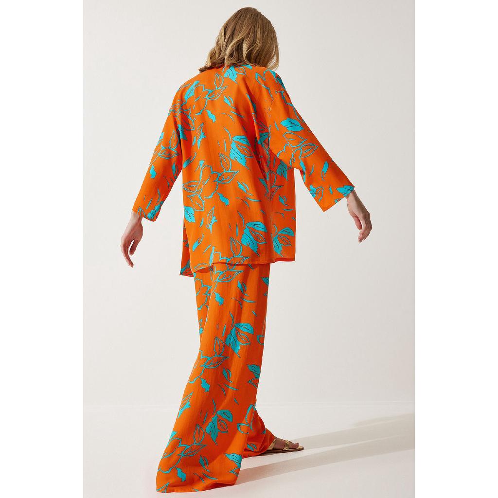 Zestaw damskich spodni kimono palazzo w kolorze pomarańczowym, wzorzystym En00614