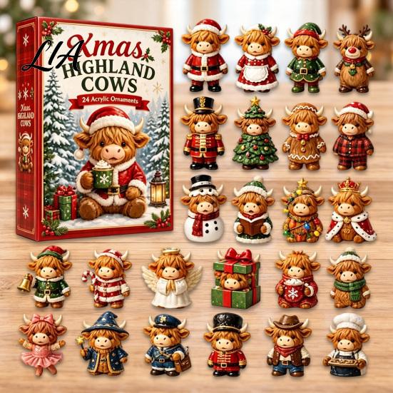 Farmhouse Style Seasonal Decor Christmas Highland Cow Advent Calendar, 24 Cute 3D Collectible Mini Thanksgiving Keepsake Gifts Figures, Holiday