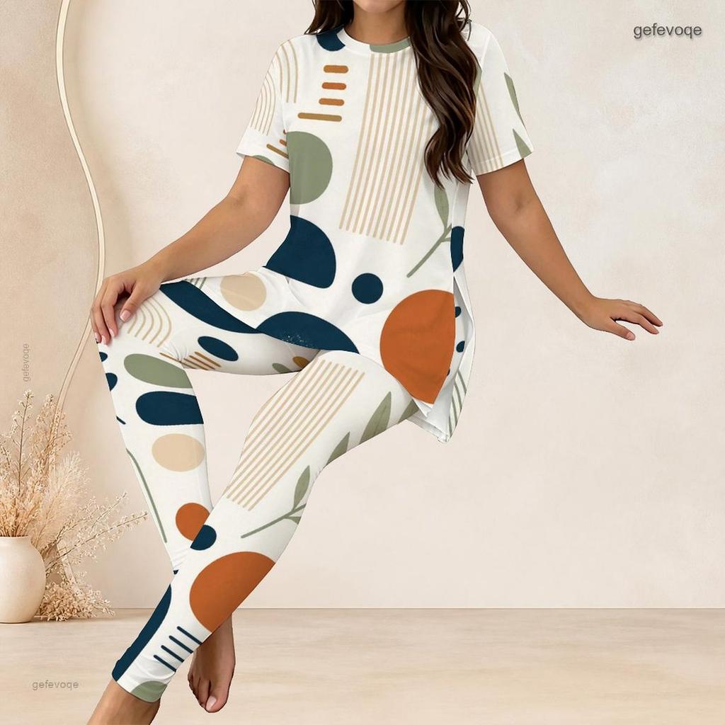 Women Plus Size Printed Round Neck Short Sleeve Longline Top Fitted Pants Two Piece Set