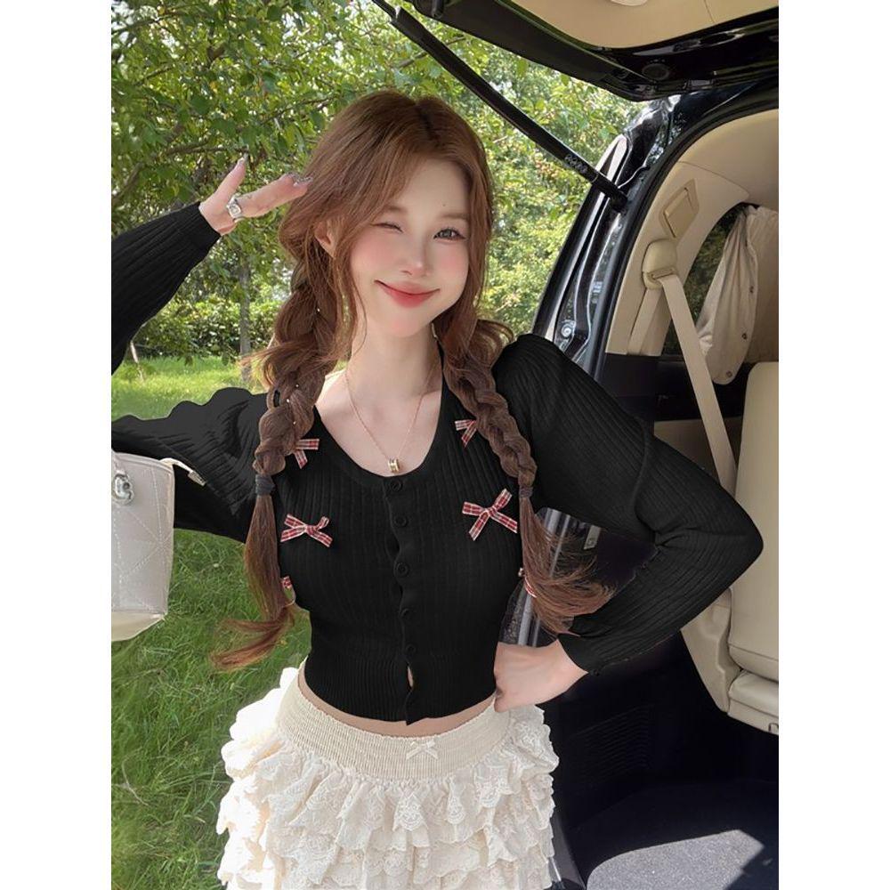 Women's Casual College-Style Bow Knit Cardigan - Small, Round Neck, Autumn/Winter