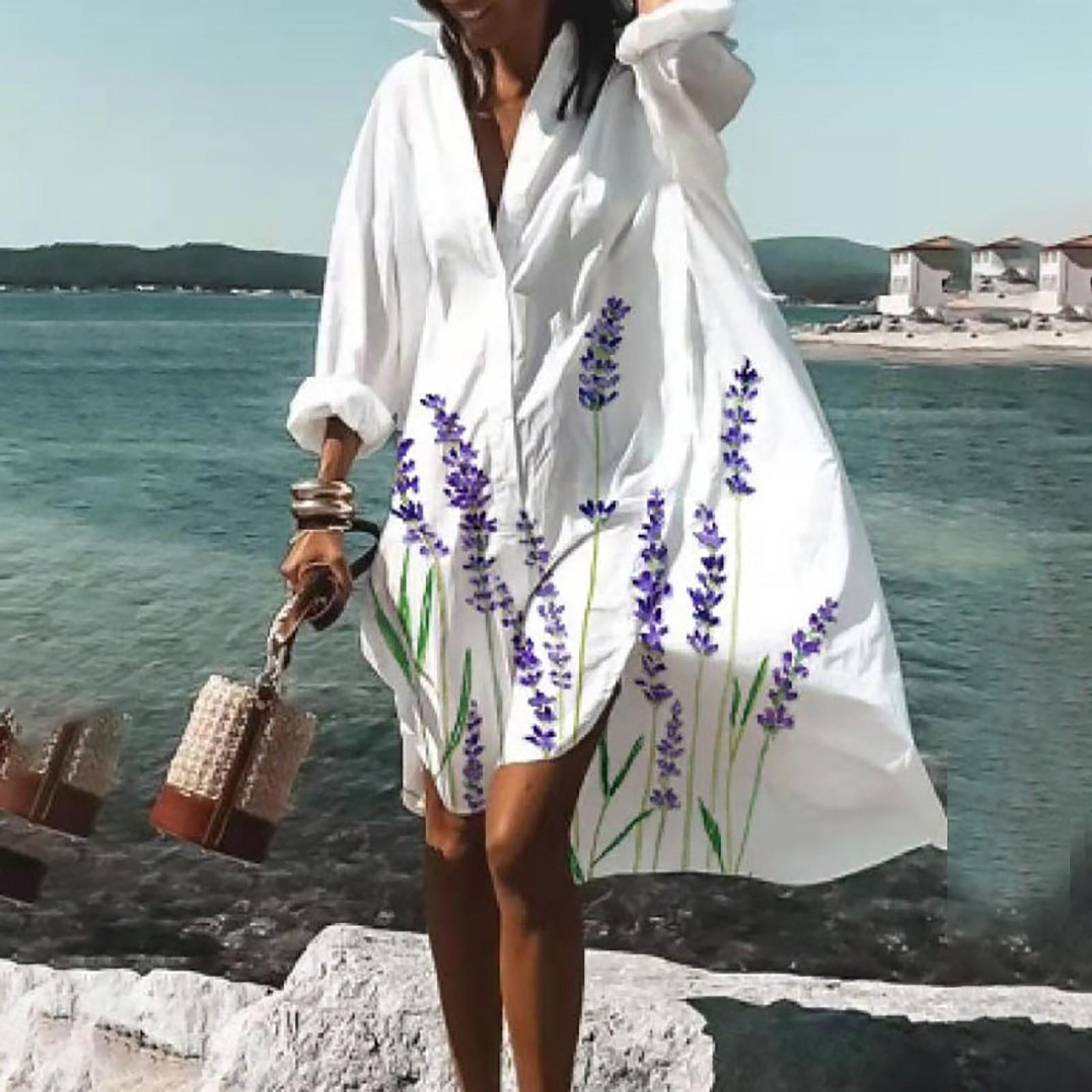 

Women Summer Bohemian Dress Casual Print Shirt Dress For Women Fashion Long Sleeve Beach Hawaiian Cover Ups Dresses Clubwear Button Down XXL фіолетовий