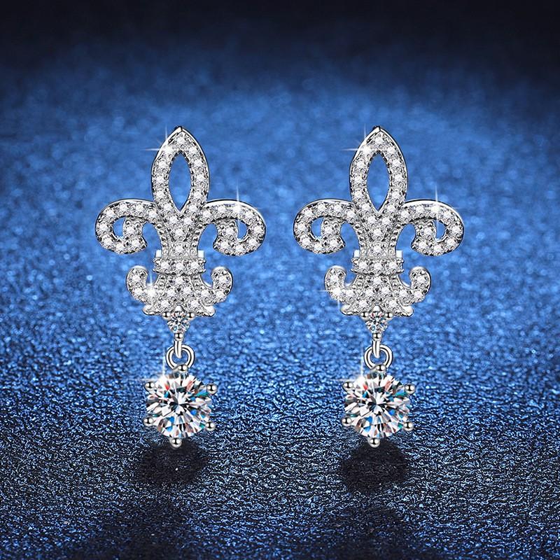 Sterling Crown Earrings With D Color Moissanite Iris Flower Design Elegant Studs Women 925 Sterling Silver