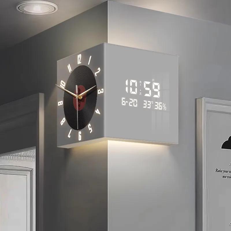 New Corner Double-sided Wall Clock Vintage Record Corner Clock Perpetual Calendar Electronic Decorative Wall Clock