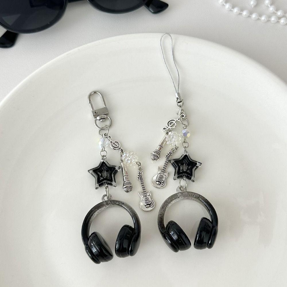 Phone Chain Earphone-shaped Keychain Glitter Microphone Pendant Cool Y2K Guita Pendant  Bag Hanging