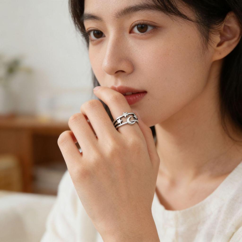 CaiYi S925 Sterling Silver Star & Moon Korean Style Ring for Women – Unique Design, Hollow Star Moon Index Finger Ring